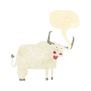 cartoon hairy cow with speech bubble