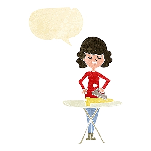 cartoon woman ironing with speech bubble
