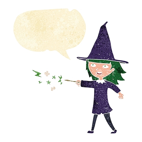 cartoon witch girl casting spell with speech bubble