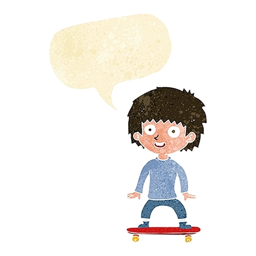 cartoon boy on skateboard with speech bubble