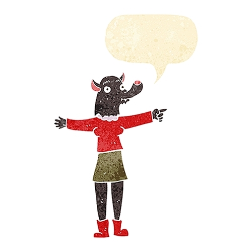 cartoon pointing werewolf woman with speech bubble