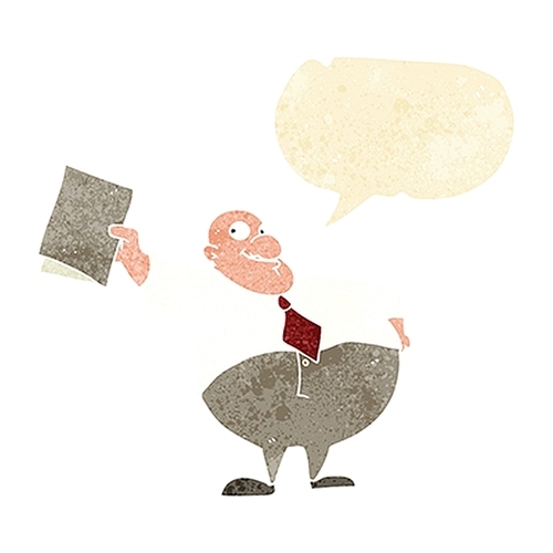 cartoon happy boss with file with speech bubble
