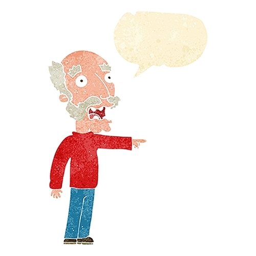 cartoon scared old man pointing with speech bubble