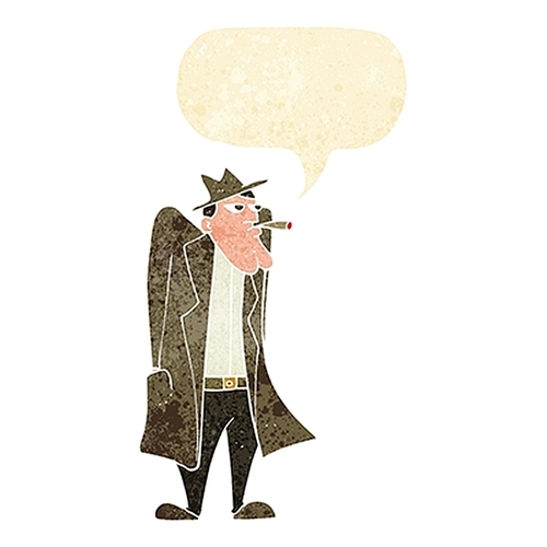 cartoon man in hat and trench coat with speech bubble