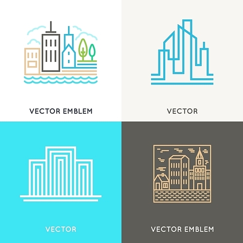 Vector set of logo design templates and symbols in trendy linear style - real estate and architecture concepts - city landscapes and buildings