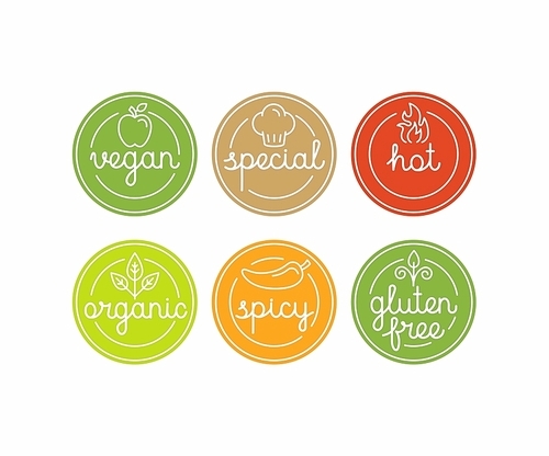 Vector set of food menu badges and labels with hand-lettering and icons in trendy linear style - marks for different products and dishes - vegan, special, hot, spicy, organic and gluten free