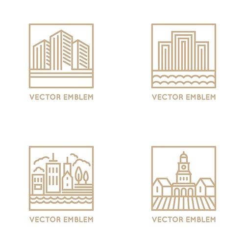 Vector set of logo design templates and symbols in trendy linear style - real estate and architecture concepts - city landscapes and buildings