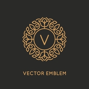 Vector logo design template and monogram concept in trendy linear style - floral frame with copy space for text or letter - emblem for fashion, beauty and jewelry industry