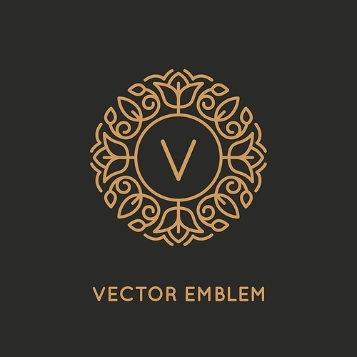 Vector logo design template and monogram concept in trendy linear style - floral frame with copy space for text or letter - emblem for fashion, beauty and jewelry industry