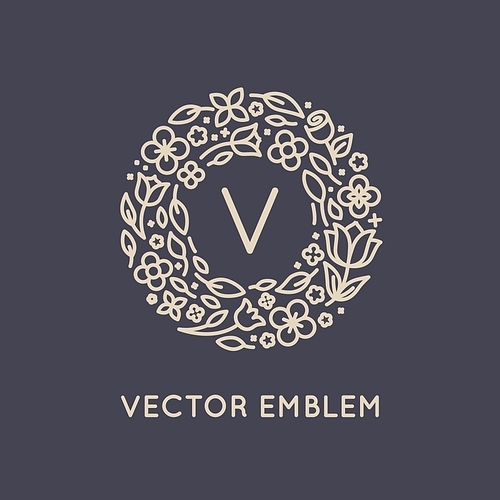 Vector logo design template in trendy linear style with flowers and leaves - florist emblem, organic cosmetics packaging design elements,  invitation emblem
