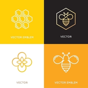 Vector logo and packaging design templates in trendy linear style - natural and farm honey concepts - labels and tags with bees, honeycombs and flowers