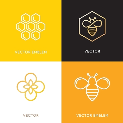 Vector logo and packaging design templates in trendy linear style - natural and farm honey concepts - labels and tags with bees, honeycombs and flowers