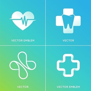 Vector set of abstract logos and emblems - alternative medicine concepts and health centers insignias in gradient blue and green colors