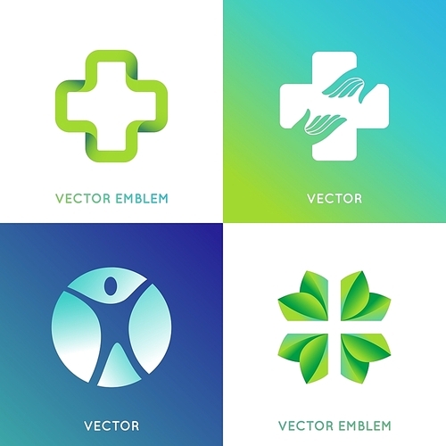 Vector set of logo design template in bright gradient colors - health and ecology concepts - save life and care icons and emblems