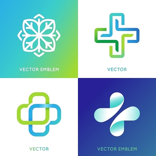 Vector set of abstract logos and emblems - alternative medicine concepts and health centers insignias in gradient blue and green colors - plus signs