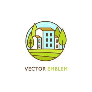 Vector graphic design and logo design template - real estate concept in trendy linear style - farmhouse with trees - landscape emblem