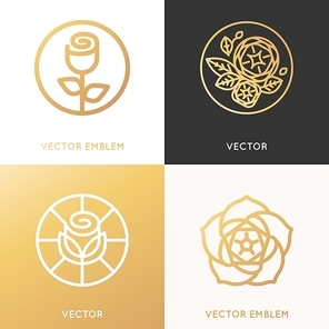 Vector logo design template and monogram concepts in trendy linear style and golden colors - rose flowers with leaves - cosmetics and beauty signs
