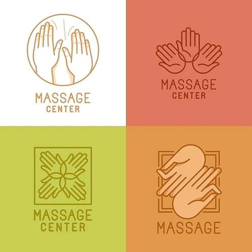 Vector set of  linear emblems and logo design elements related to massage and relaxation - mono line signs and concepts for salons and centers