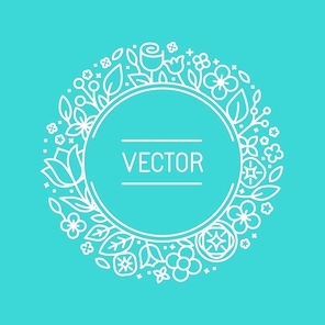 Vector vintage frame in trendy linear frame for florist shops and organic cosmetics - monogram design template with copy space for text with leaves and flowers and circle background