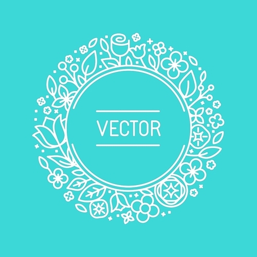 Vector vintage frame in trendy linear frame for florist shops and organic cosmetics - monogram design template with copy space for text with leaves and flowers and circle background