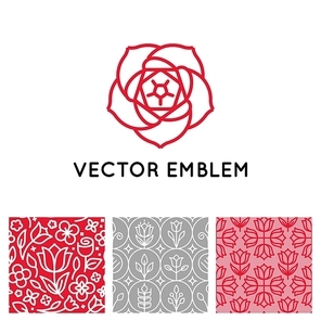 Vector set of logo design templates, seamless patterns and signs for identity, business cards and packaging - floral shops, beauty and spa studios