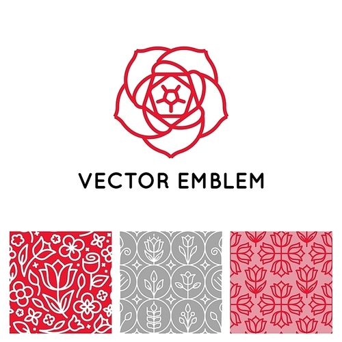 Vector set of logo design templates, seamless patterns and signs for identity, business cards and packaging - floral shops, beauty and spa studios