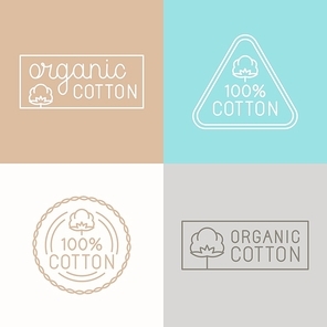 Vector set of labels, badges and design elements for organic and natural cotton tags for clothes - icons and emblems in trendy linear style