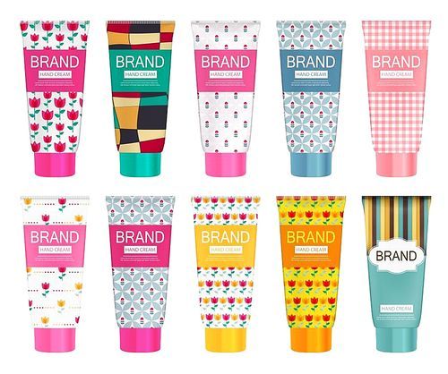 Hand Care Cream Bottle Collection Set, Tube Template for Ads or Magazine Background. 3D Realistic Vector Iillustration. EPS10