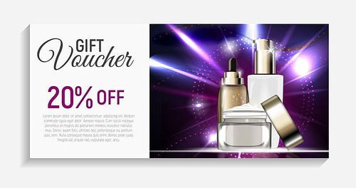 Gift Voucher  with Design Cosmetics Product  Template Background. 3D Realistic Vector Iillustration. EPS10