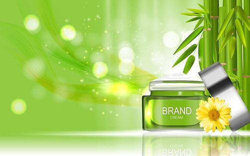 Face Cream Bottle Design Cosmetics Product Bottle with Flowers Chamomile Template for Ads, Announcement Sale, Promotion New Product or Magazine Background. 3D Realistic Vector Iillustration. EPS10