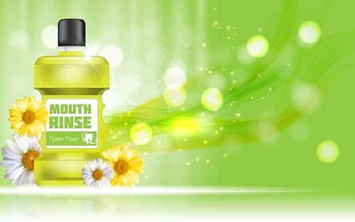 Mouth Rinse Design Cosmetics Product Bottle with Flowers Chamomile Template for Ads, Announcement Sale, Promotion New Product or Magazine Background. 3D Realistic Vector Iillustration. EPS10