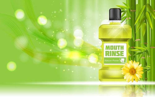 Mouth Rinse Design Cosmetics Product Bottle with Bamboo and Calendula Template for Ads, Announcement Sale, Promotion New Product or Magazine Background. 3D Realistic Vector Iillustration. EPS10