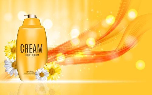 Shower Gel, Cream Bottle with Flowers Chamomile Template for Ads, Announcement Sale, Promotion New Product or Magazine Background. 3D Realistic Vector Iillustration. EPS10