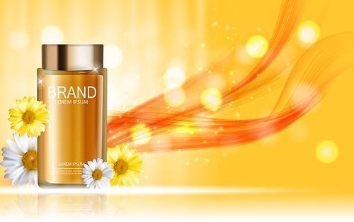 Design Cosmetics Product Bottle with Flowers Chamomile Template for Ads, Announcement Sale, Promotion New Product or Magazine Background. 3D Realistic Vector Iillustration. EPS10