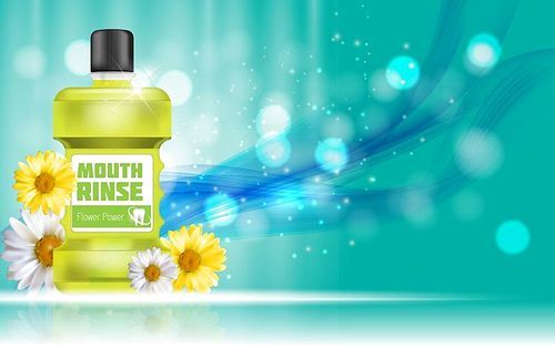 Mouth Rinse Design Cosmetics Product Bottle with Flowers Chamomile Template for Ads, Announcement Sale, Promotion New Product or Magazine Background. 3D Realistic Vector Iillustration. EPS10