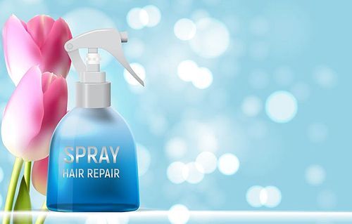 Design Hair Repair Spray Cosmetics Product  Template for Ads or Magazine Background. 3D Realistic Vector Iillustration. EPS10