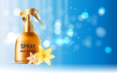 Design Hair Repair Spray Cosmetics Product  Template for Ads or Magazine Background. 3D Realistic Vector Iillustration. EPS10