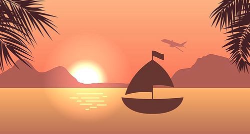Sunrise or Sunset, Sea, Mountain and Palm Trees. For Print, Create Videos or Web Graphic Design - Illustration Vector