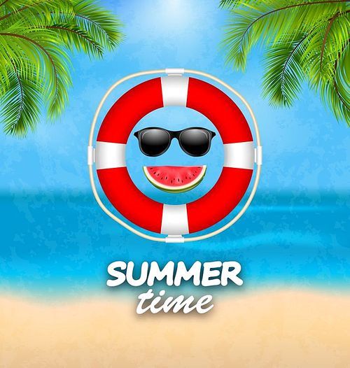 Summer Time Background with Palm Leaves, Lifebuoy and Beach. Template of Poster for Summer Holidays - Illustration Vector
