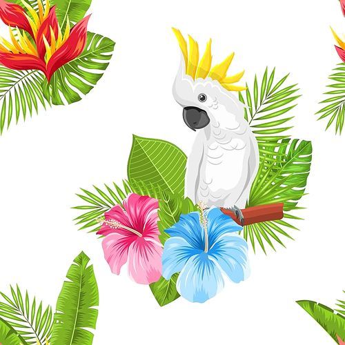 Seamless Exotic Pattern with Parrot Cockatoo and Tropical Leaves and Flowers. Blooming Jungle - Illustration Vector