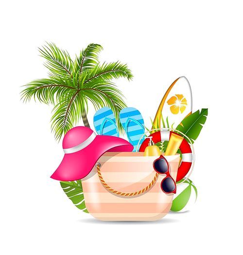 Female Bag with Beach Accessories. Set of Travel Design Elements for Voyage - Illustration Vector
