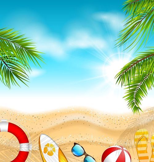 Beautiful Banner with Palm Leaves, Beach Ball, Flip-flops, Surf Board, Sunglasses, Sand Texture, Sea. Summer, Travel, Journey - Illustration Vector