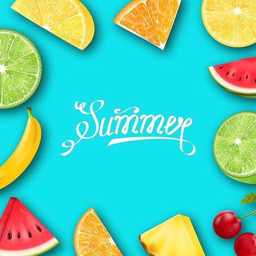 Pineapple, Watermelon, Banana, Cherry, Orange, Lemon, Lime , Summer Frame with Tropical Fruits and Berries - Illustration Vector