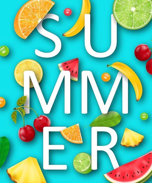 Summer Banner with Pineapple, Watermelon, Banana, Cherry, Orange, Lemon, Lime , Tropical Ripe Fruits and Berries - Illustration Vector