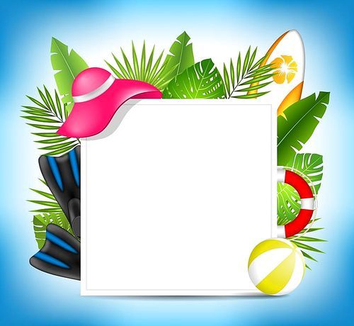 Tropical Summer Design Card Template with Beach Accessories- Illustration Vector