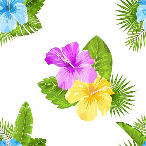 Seamless Floral Pattern with Hibiscus Flowers and exotic Plants. Fashion Textile. Beautiful Texture - Illustration Vector