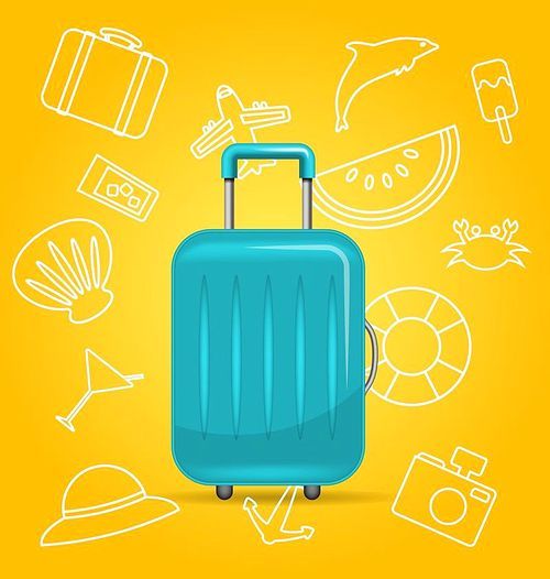 Realistic Polycarbonate Suitcase, Baggage for Tourism, on Yellow Background with Summer Elements - Illustration Vector