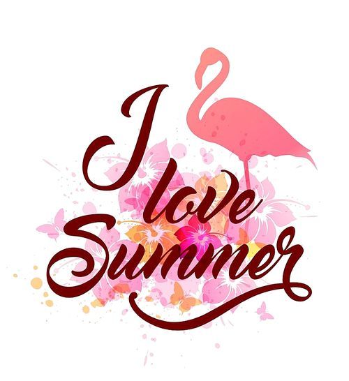 Abstract vector summer background with pink flamingo and tropical flowers. I love summer lettering.