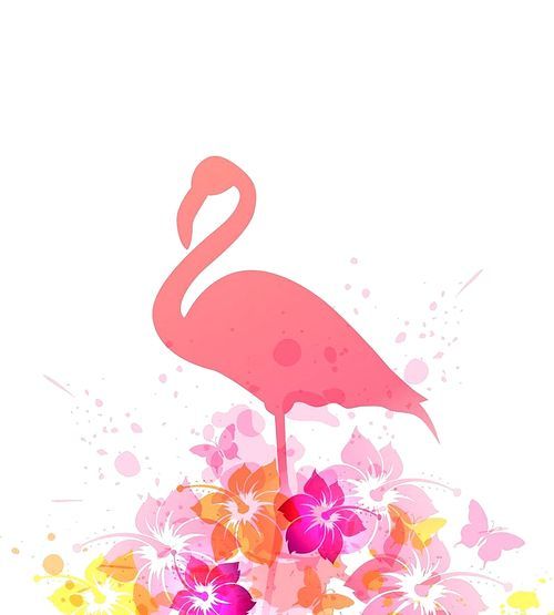 Abstract vector summer background with pink flamingo and tropical flowers.