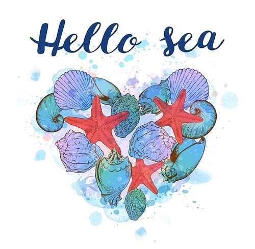 Marine background with heart of sea shells and blue watercolor texture. Hello sea lettering.